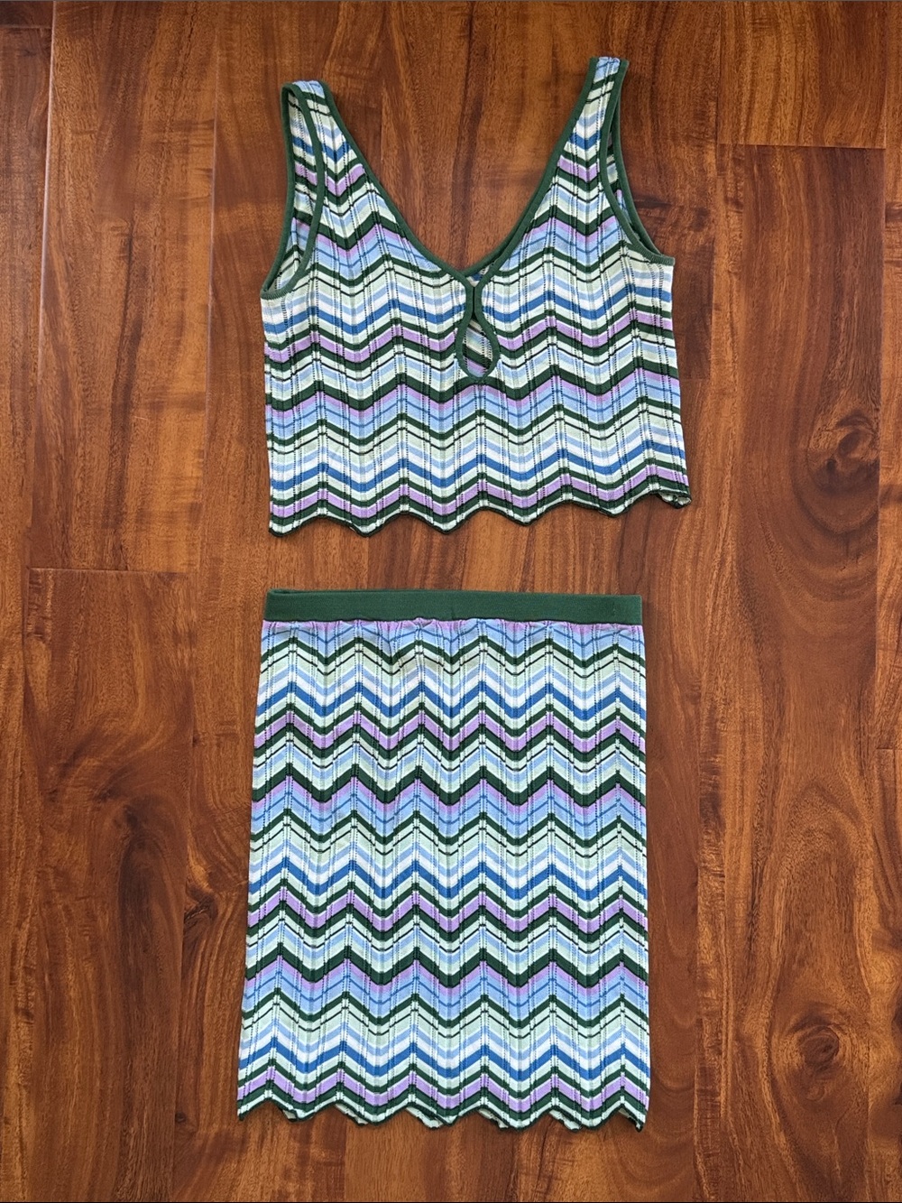 Torn by Ronny Kobo Chevron Knit 2PC Set S Green Blue Purple Y2K resort wear